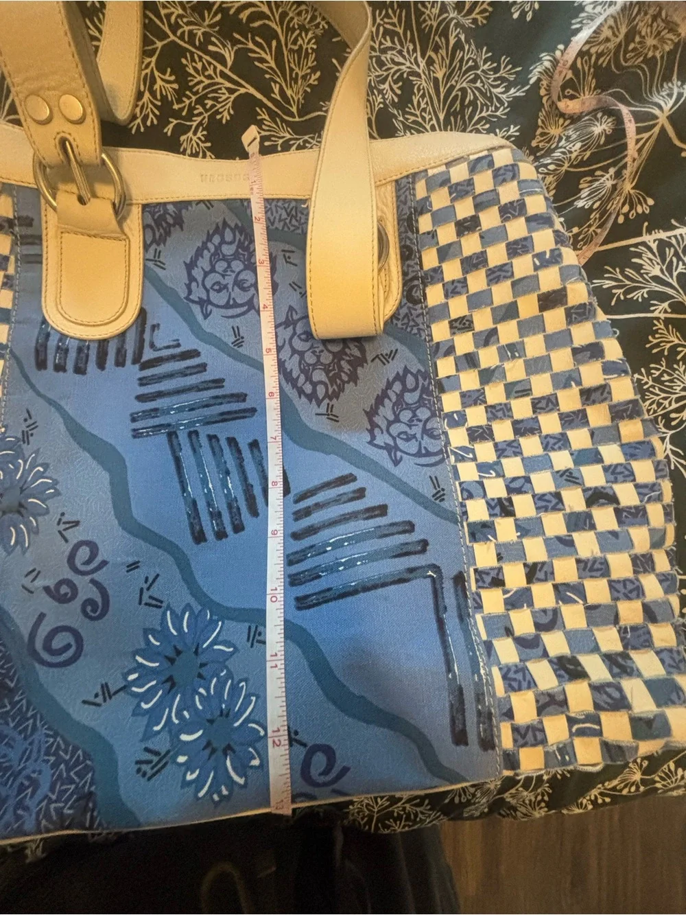 Versus By Versace Blue Patterned Shoulder Tote with Cream Straps